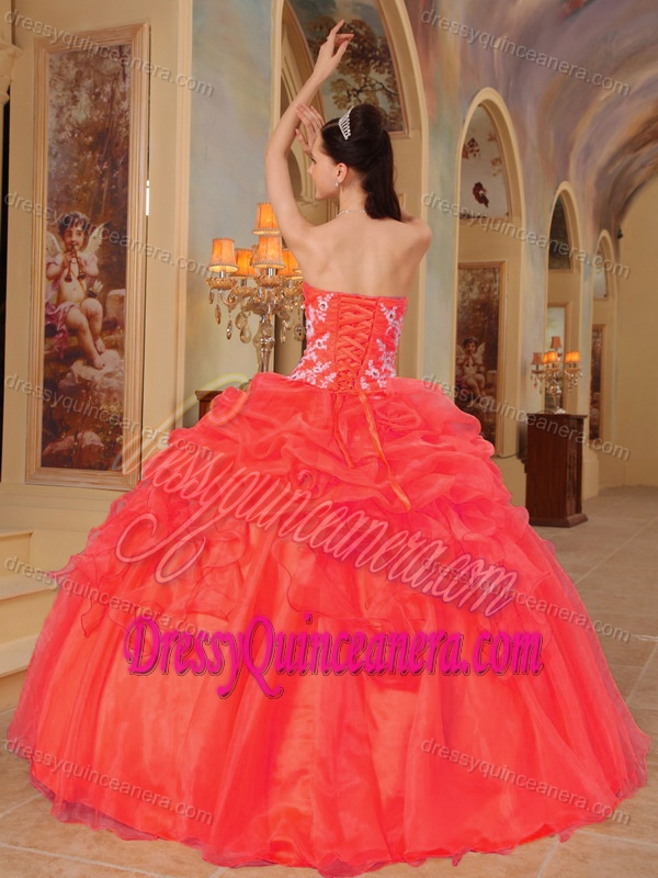 Orange Red Sweetheart Organza Quinceanera Dresses with Pick-ups with Appliques