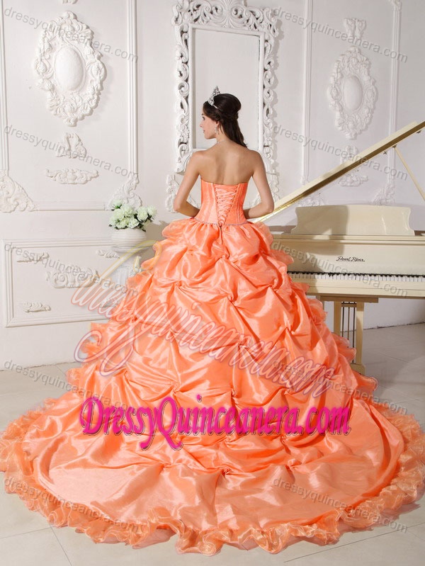 Orange Red Strapless Brush Train Beaded Quinceanera Dresses with Ruffles for Cheap
