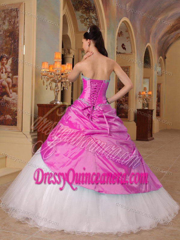 Beaded Sweetheart Pink Taffeta and Black Tulle Quinceanera Dresses with Pick-ups