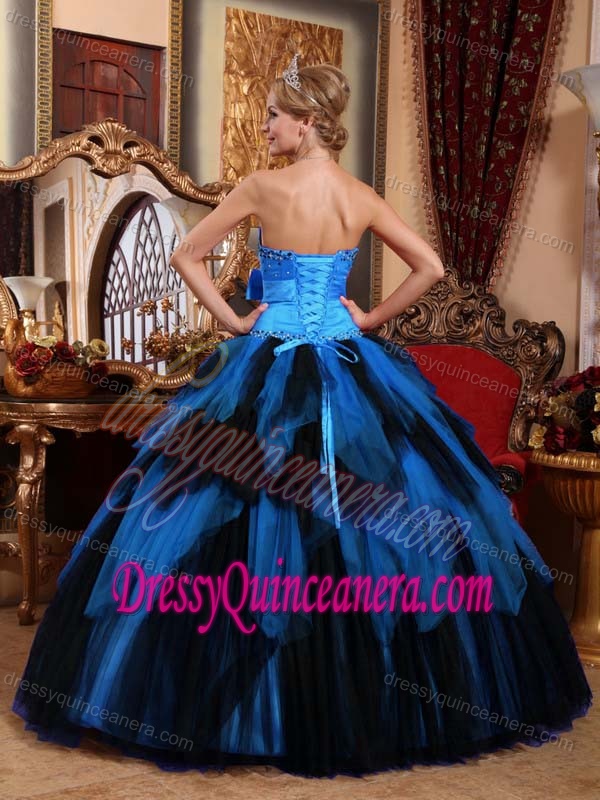 Wonderful Blue and Black Beaded Ruffled Ball Gown Quinceanera Dresses with Bow