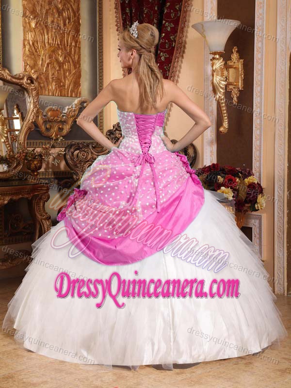 Traditional Cinderella Quinceanera Dress in Rose Pink and White With Dotted Fabric