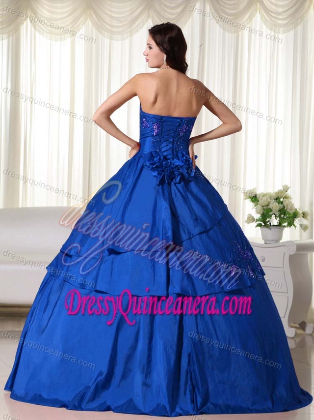 Royal Blue Strapless Ball Gown Taffeta Quinceanera Dress with Beading and Flowers