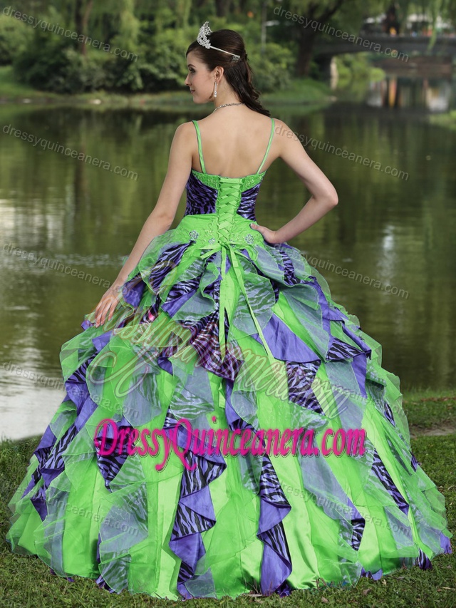 Spaghetti Straps Green and Purple Quinceanera Dresses with Appliques and Ruffles