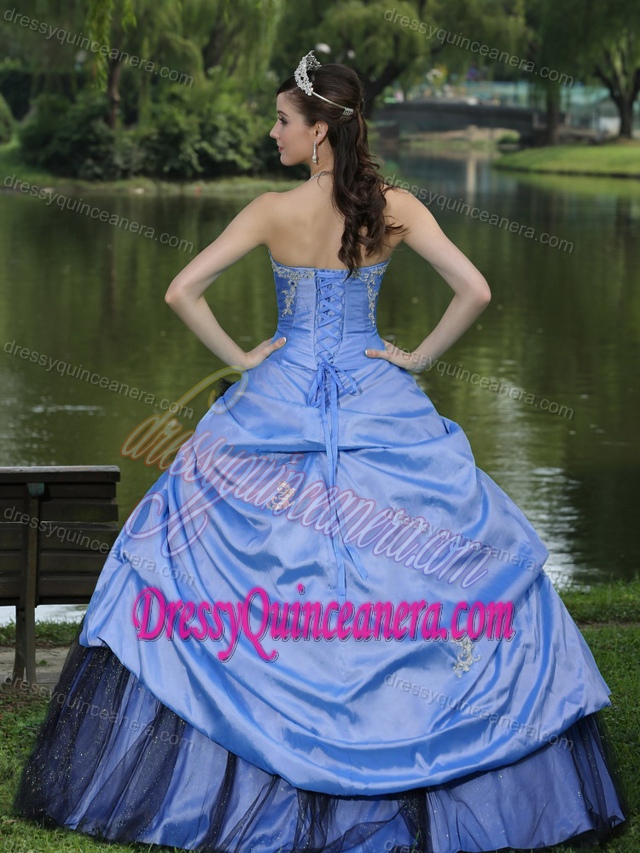 Strapless Bright Blue Ball Gown Taffeta Quinceanera Dress with Pick-ups and Flower