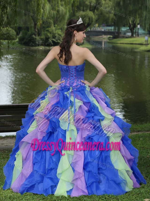 Popular Strapless Multi-colored Organza Appliqued Quinceanera Dress with Ruffles