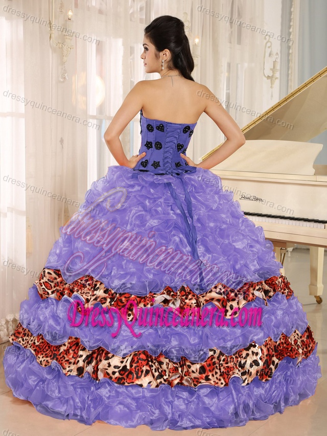 Sweetheart Lavender Organza and Leopard Quinceanera Dress with Ruffles for 2014