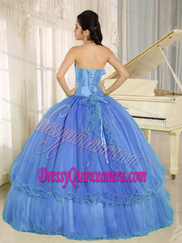Unique Aqua Blue Strapless Ball Gown Beaded Organza Quinceanera Dress with Bow