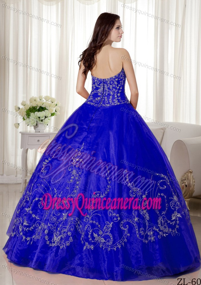 Beaded Royal Blue Organza Romantic Quinceanera Dress with Embroidery