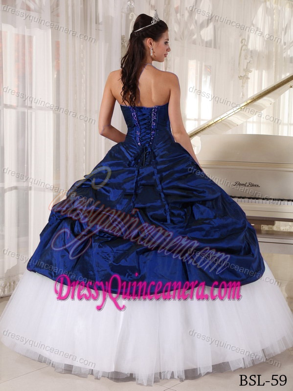 Sweetheart White and Blue Lace-up Taffeta and Tulle New Dress for Quince