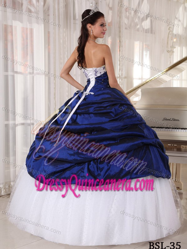 Classical Taffeta and Tulle Sweet 16 Quinceanera Dress in White and Blue