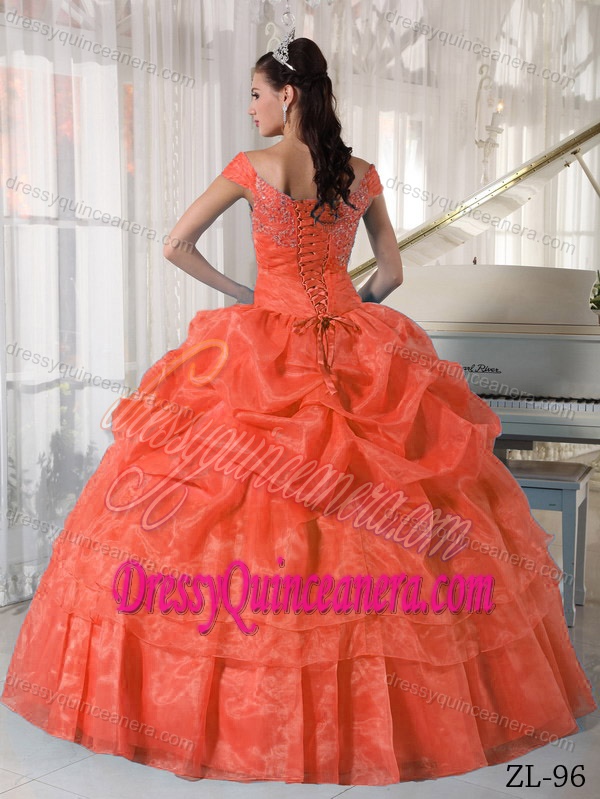 Orange Red Off-the-shoulder 2013 Popular Sweet 15 Dress with Beading