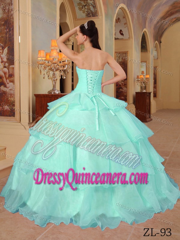Sweetheart Aqua Blue Organza Luxurious Quinceanera Dress with Flowers