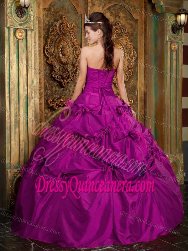Beautiful Strapless Fuchsia Lace-up Flowers Long Dress for Quinceanera