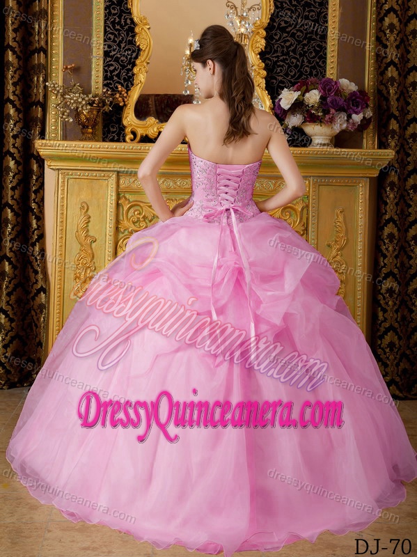 Wonderful Strapless Beaded Organza Quinceanera Gown Dresses in Pink