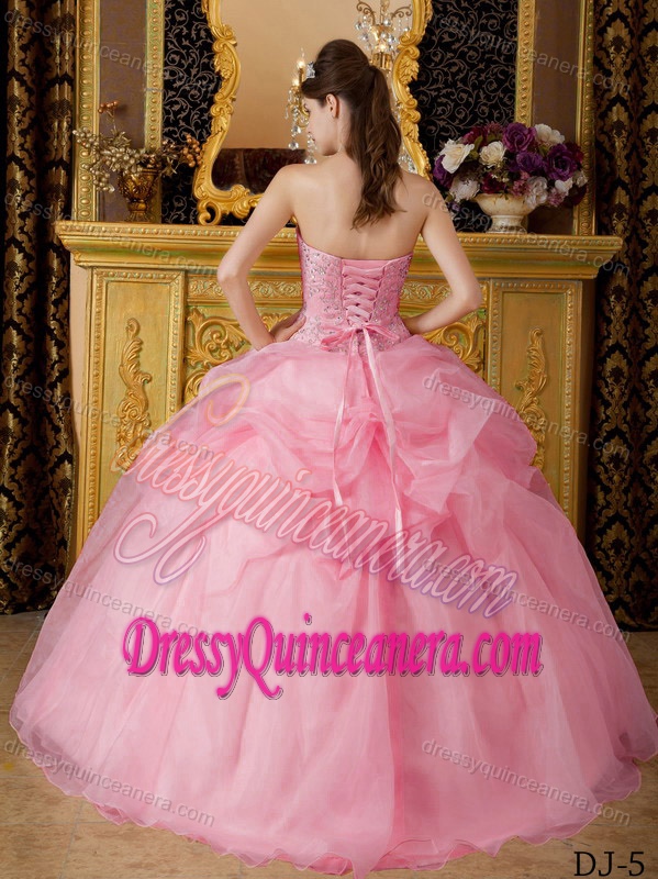 Rose Pink Beaded Organza Discount Quinceanera Gowns with Lace-up Back