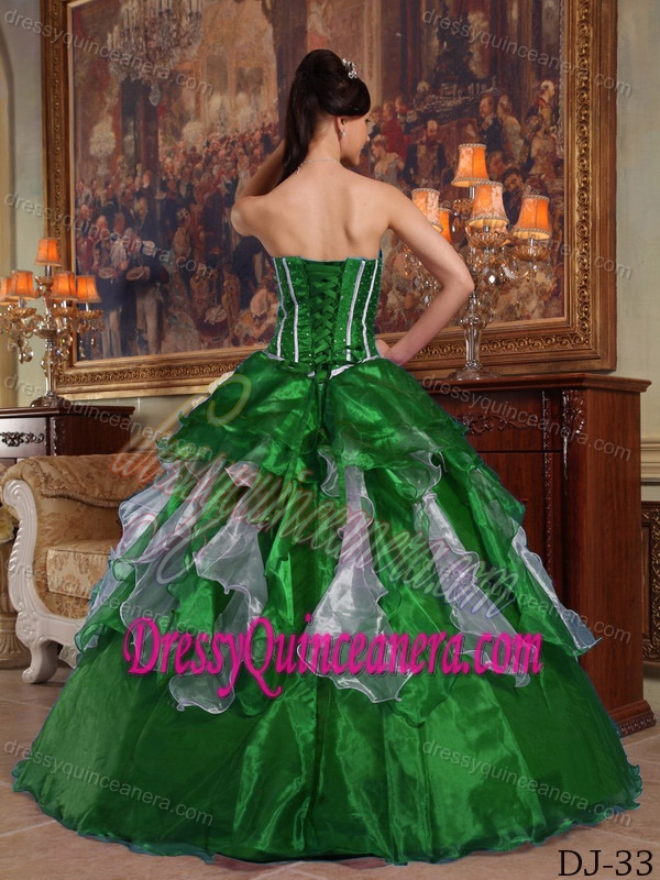 Sweetheart Organza Beaded Quinceanera Dresses with Ruffles in Dark Green