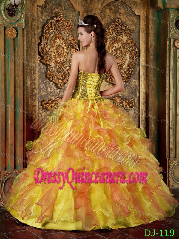 Multi-Color Strapless Ruffled Quinceanera Gowns with Beading in Organza