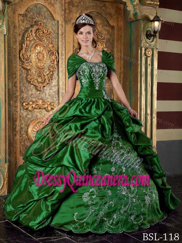 Exquisite Green Strapless Embroidery Quinceanera Dress Made in Taffeta