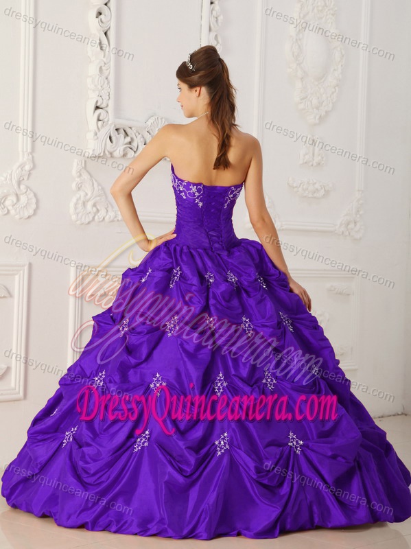 Strapless Taffeta Appliqued and Beaded Sweet 16 Dress in Eggplant Purple