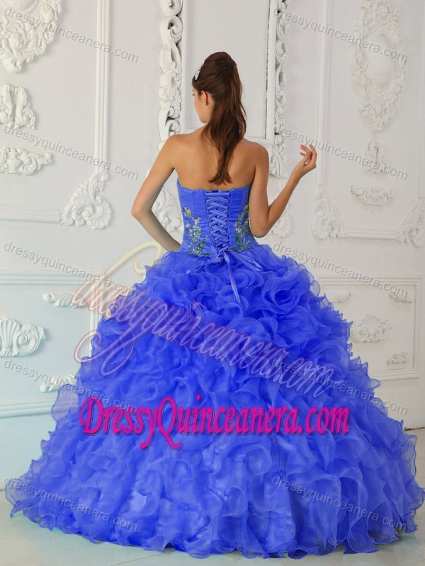 Exquisite Strapless Embroidery Blue Dress for Quince with Ruffled Layers