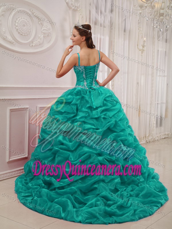 Turquoise Spaghetti Straps Quinceanera Gowns with Pick Ups in Organza