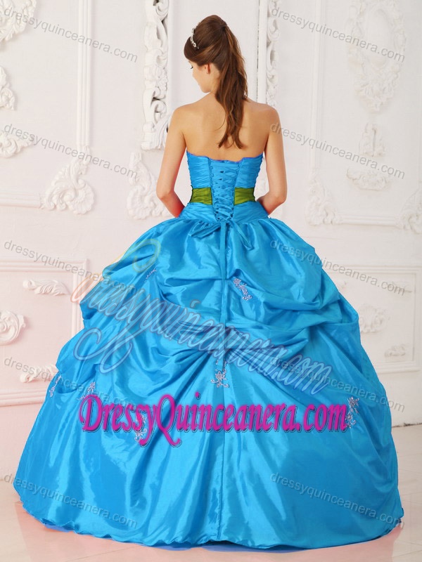 Teal Strapless Taffeta Quinceanera formal Dresses with Beading and Sash