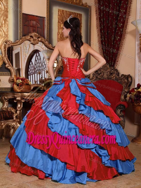 Multi-color Strapless Embroidery Taffeta Quinceanera Gowns with Ruffles