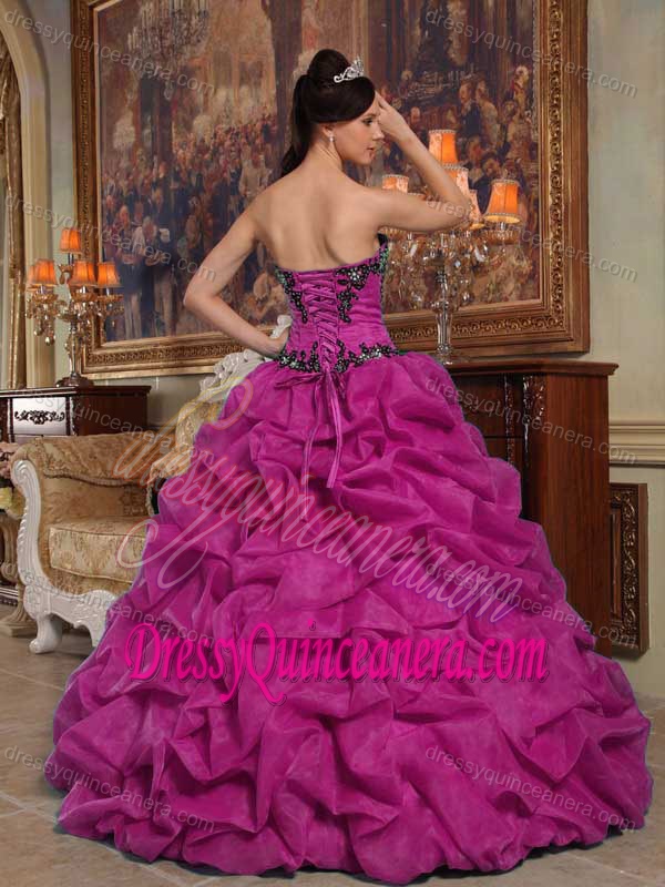Fuchsia Strapless Taffeta and Organza Quinceanera Dresses with Pick-ups