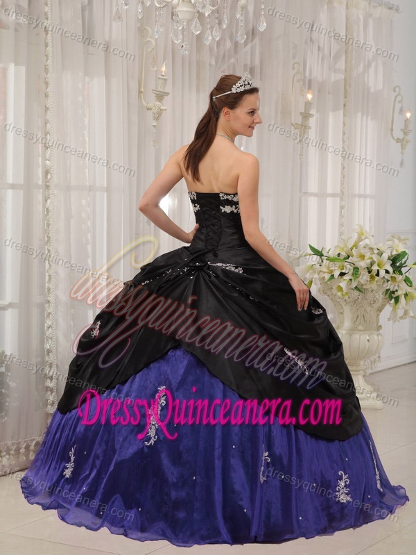 Special Taffeta and Organza Appliqued Dress for Quince in Black and Blue