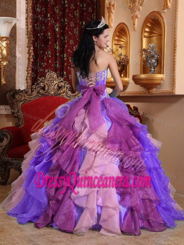 Multi-color Strapless Organza Quinceanera Dress with Ruffles and Appliques