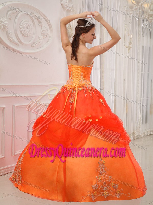 Orange Red Strapless Taffeta and Tulle Quinceanera Dress with Appliques