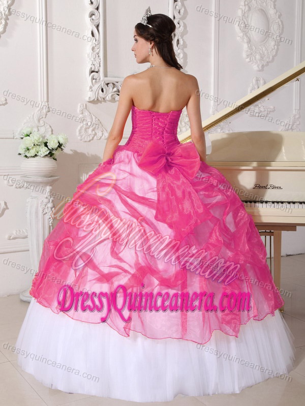 Hot Pink and White Taffeta and Organza Quinceanera Dress with Appliques