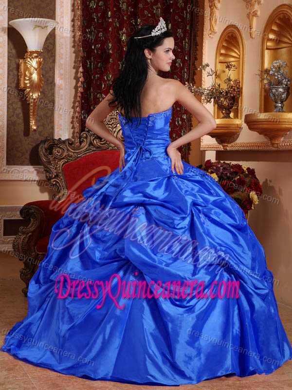 Royal Blue Strapless Beaded Quinceanera Dress with Pick Ups in Taffeta