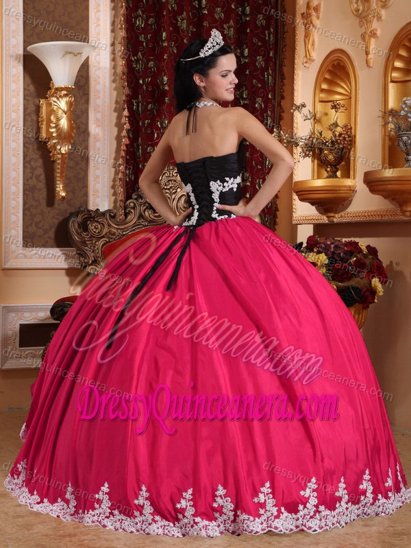 V-neck Halter Coral Red Appliqued Dress for Quince in Taffeta and Organza