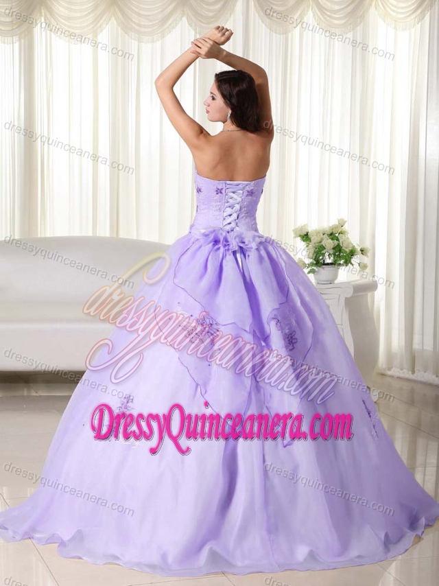 Unique Lilac Strapless Organza Quinceanera formal Dress with Embroidery