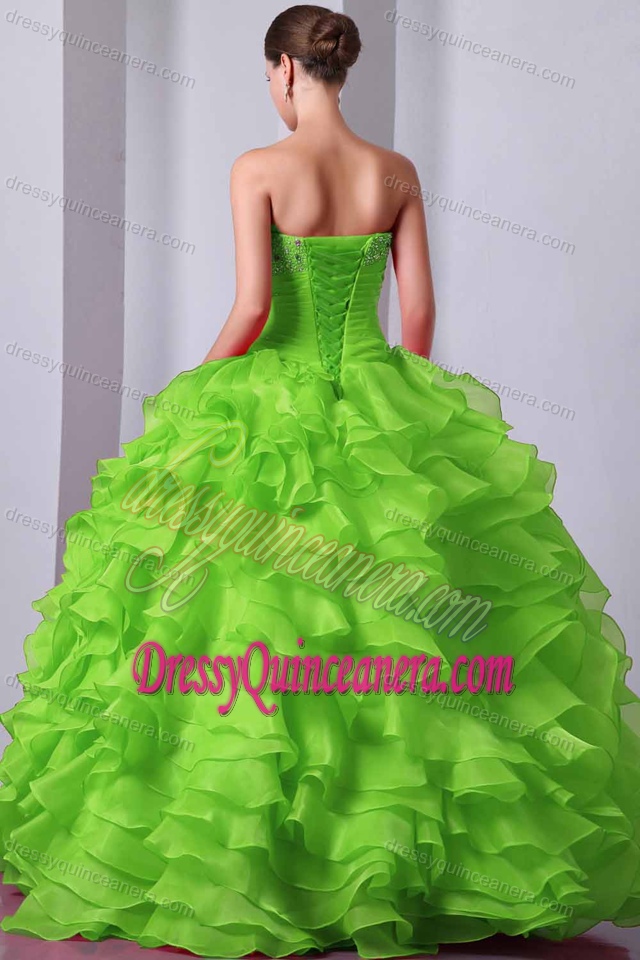 Pretty A-line Green Organza Quinceanera Dress with Beading and Ruffles