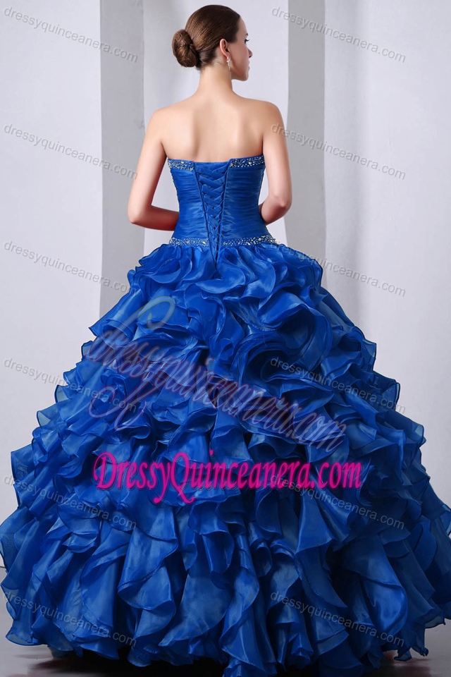 Blue Princess Sweetheart Beaded Quinceanea Dress with Ruffles in Organza