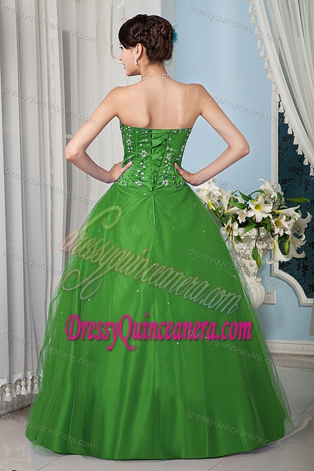 Green A-line Strapless Tulle Quinceanera Dresses with Shining Beading