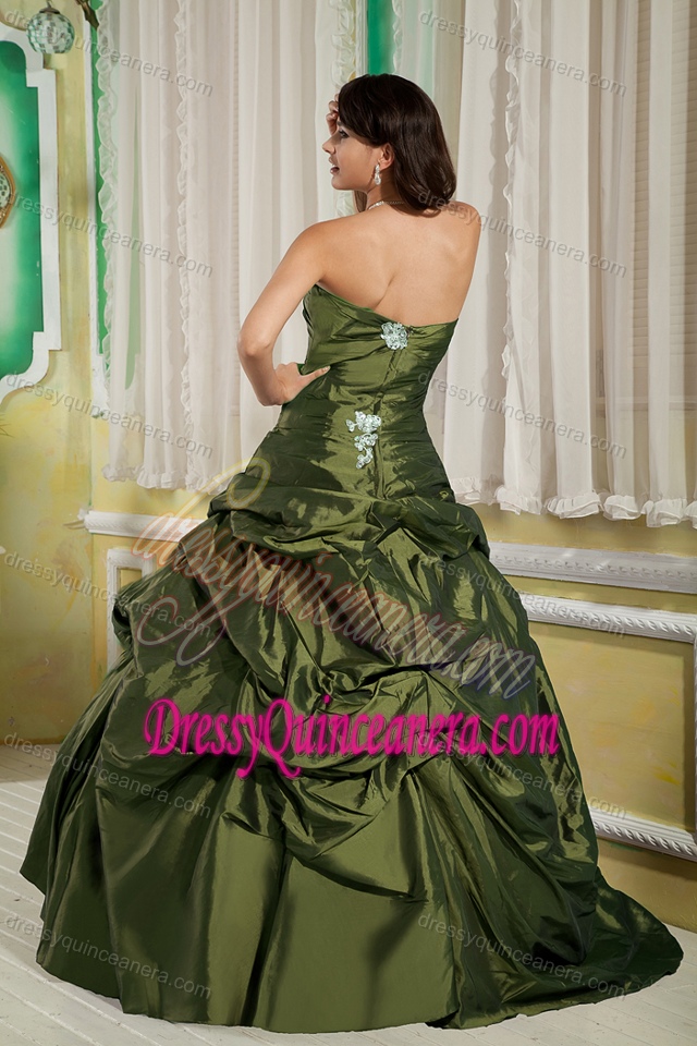 Brand New Olive Green A-line Taffeta Dresses for Quince with Appliques