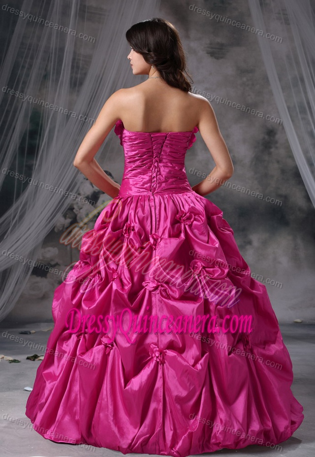 Hot Pink Strapless Quinceanera Dresses with Hand Flowers and Pick-ups