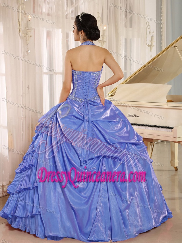 Unique Halter Top Blue Pleated Quinceanera Dress with Beading in Organza