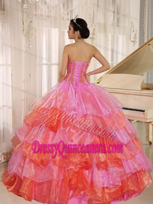 Pretty Pink and Orange Organza Sweet 16 Dress with Ruffles and Appliques