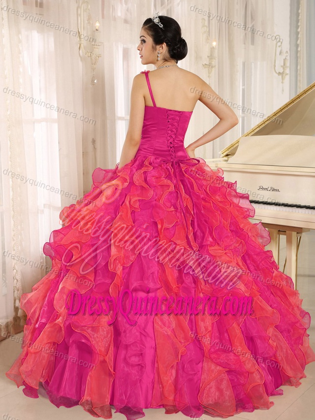 Red One Shoulder Beaded Organza Quinceanera Gowns with Ruffled Layers