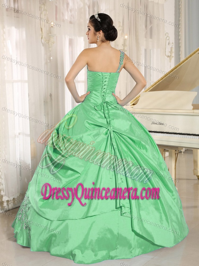 Green One Shoulder Taffeta Quinceanera Dress with Appliques and Beading