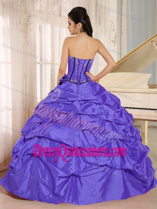 Purple Beaded Taffeta Quinceanera Dress with Pick-ups and Hand Flowers