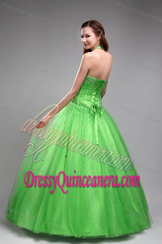 2013 Green Halter Top Tulle Beaded Quinceanera Dress on Wholesale Price