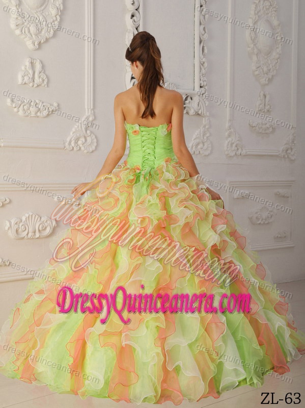 Multicolor Organza Quinceanera Dress with Hand Made Flowers and Ruffles
