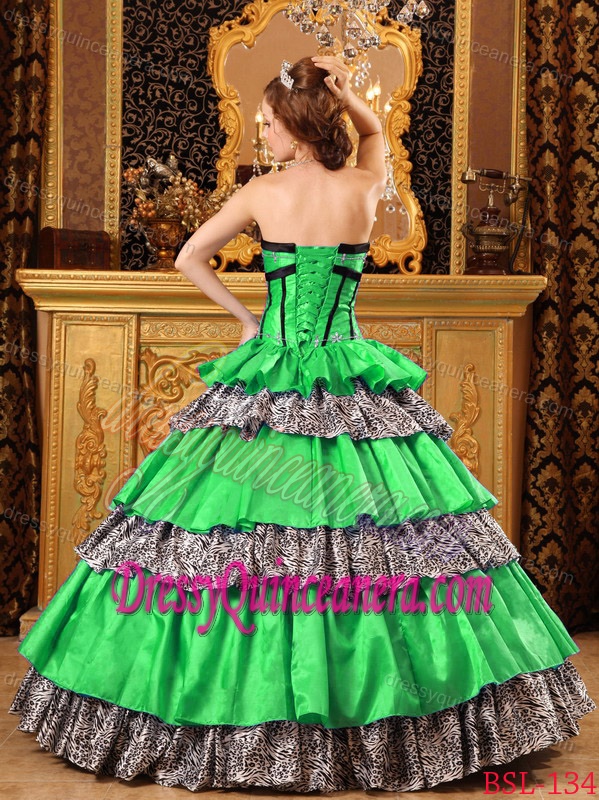 New Sweetheart Taffeta and Leopard Green Quinceanera Dress with Ruffles