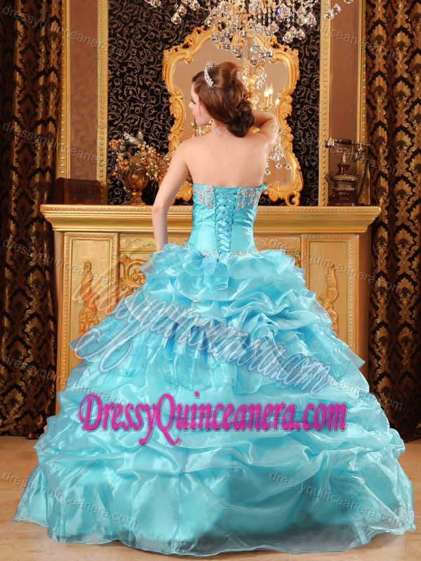 Blue Sweetheart Organza Quinceanera Dresses with Appliques and Pick-ups