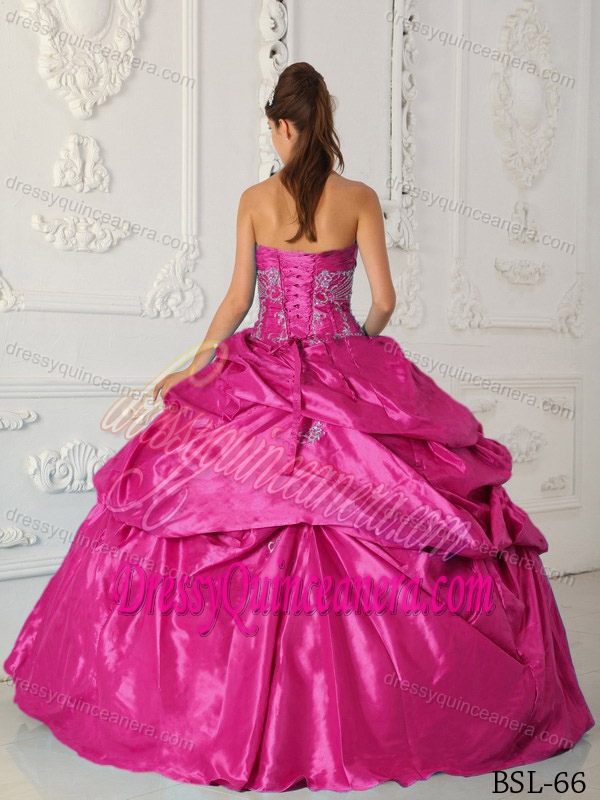 Hot Pink Sweetheart Taffeta Quinceanera Dress with Appliques and Pick-ups